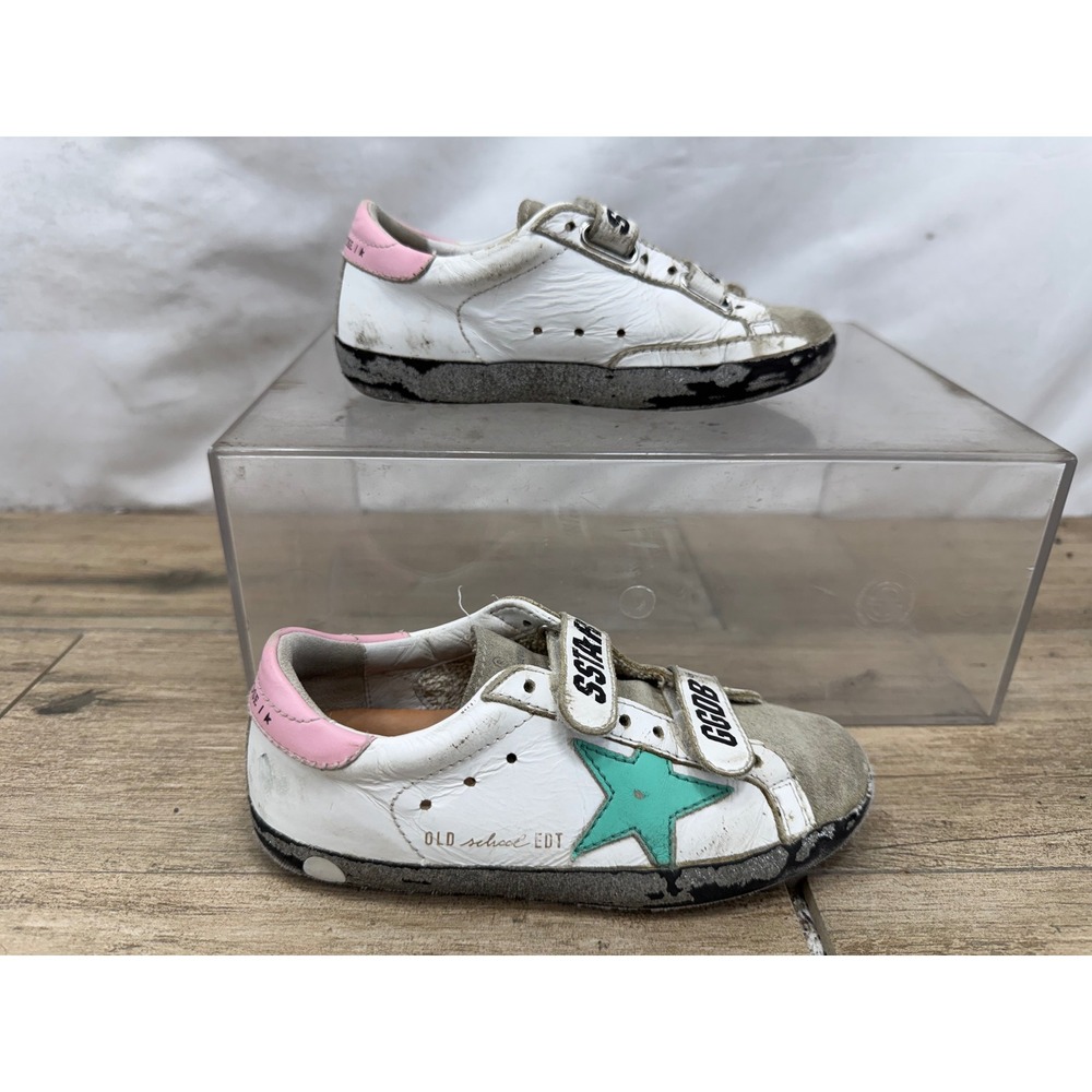 Golden Goose Kids Old School EDT White Leather Teal Star Sneakers 5210